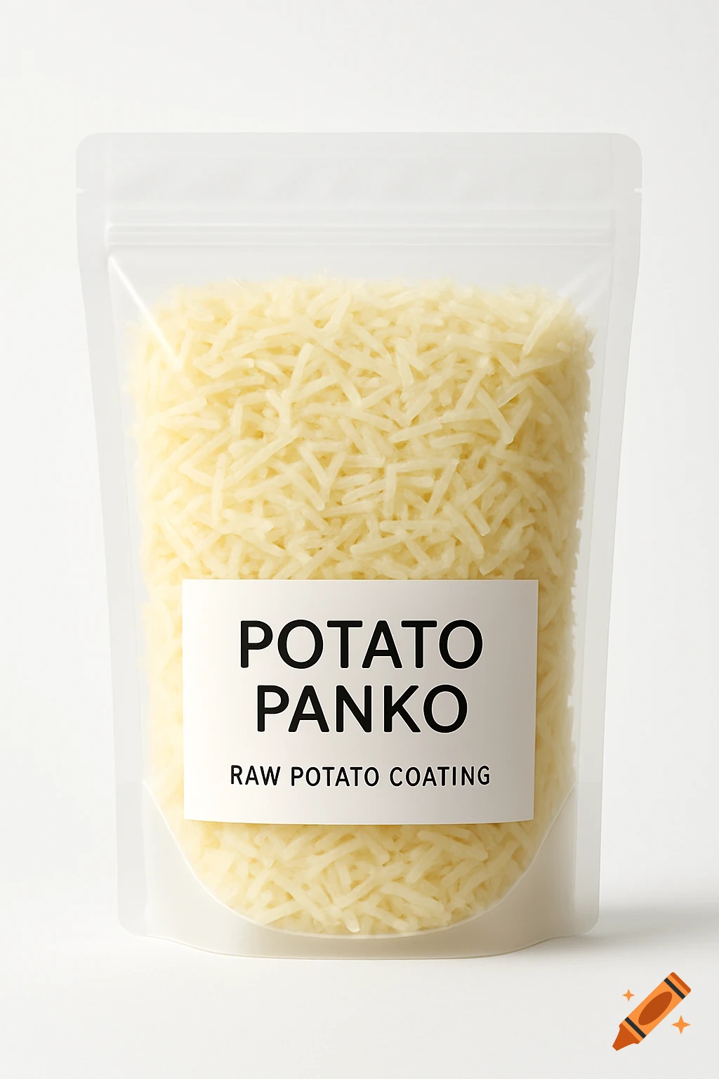 A transparent food bag filled with pale, shredded potato fibers, labeled 'Potato Panko - Raw Potato Coating'.