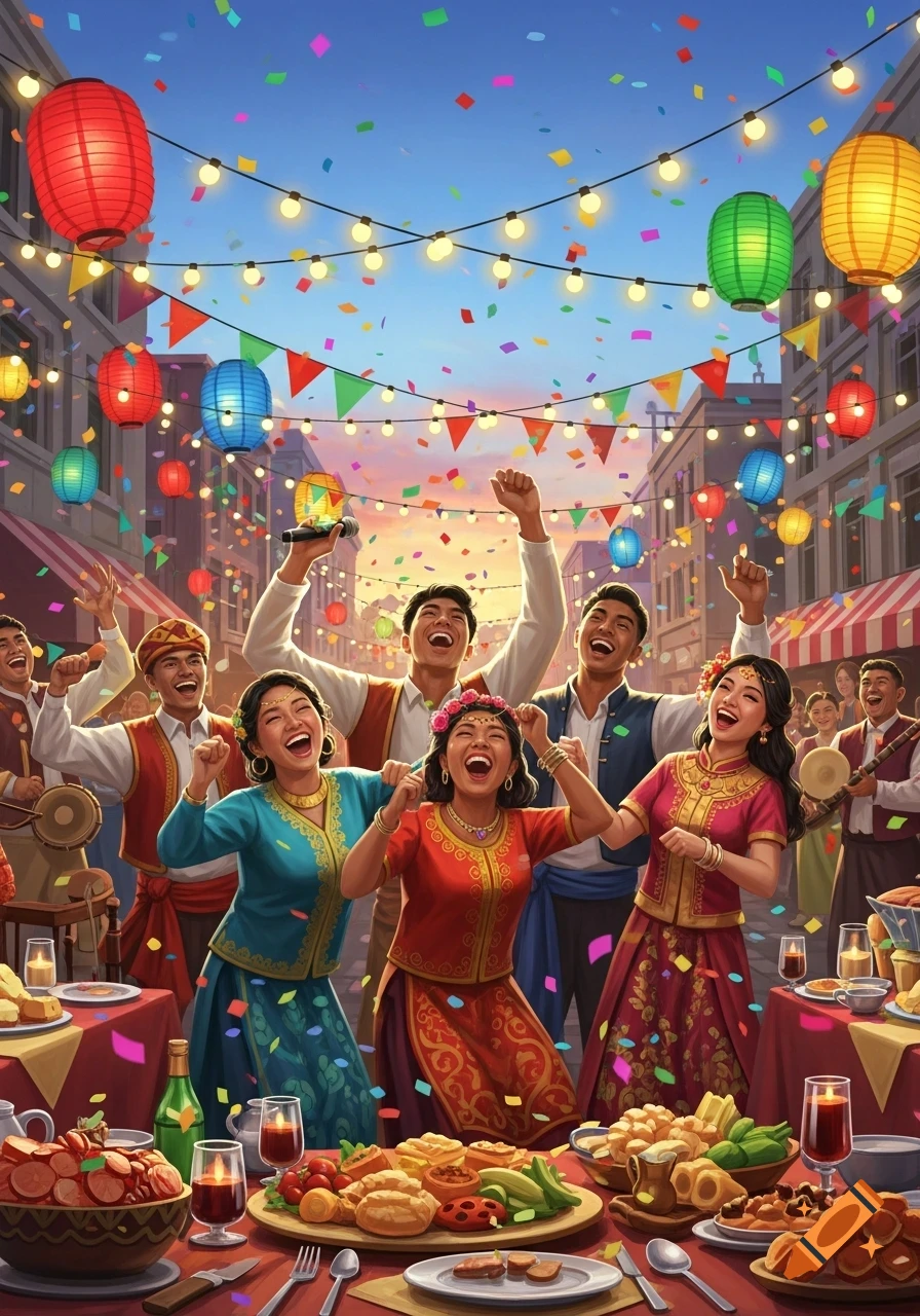 Vibrant illustration of people in traditional attire celebrating at an outdoor festival with confetti, lanterns, and tables of food.