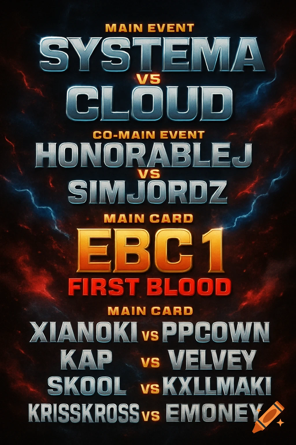 EBC 1 First Blood fight card poster with metallic and fiery text on a dark background with red and blue lightning, listing main event and undercard matches.
