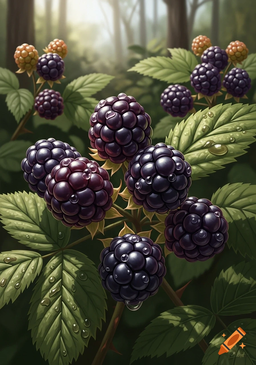 Close-up of ripe, dark purple blackberries and green leaves with water droplets on a vine in a blurred forest background.