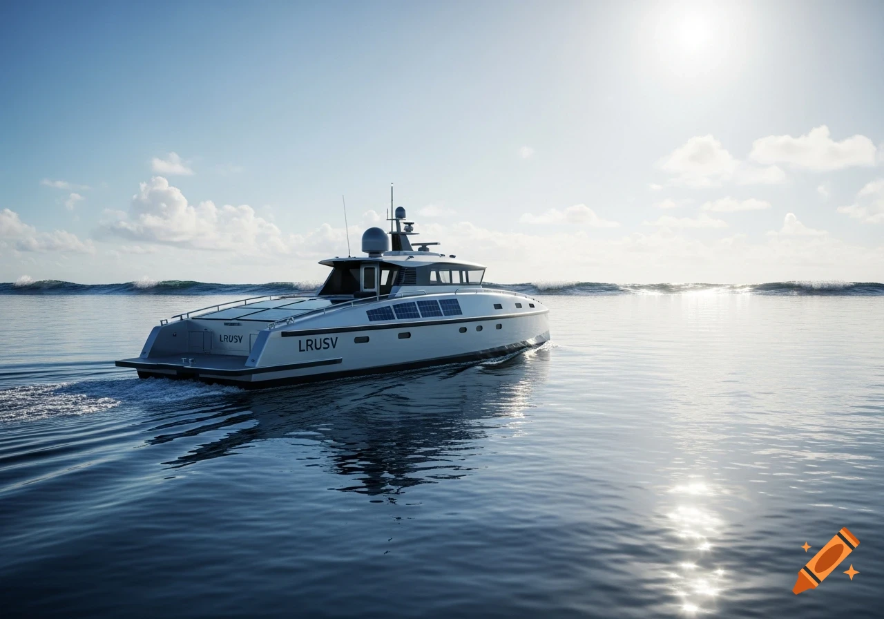 A modern white and grey boat with 'LRUSV' on its side cruises on calm blue water under a bright sky.
