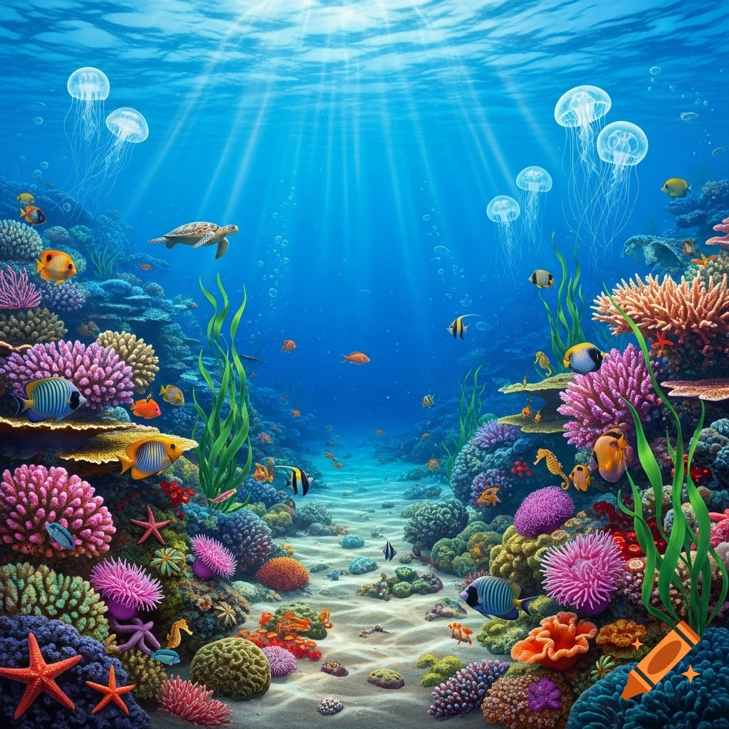 A vibrant underwater scene showing a colorful coral reef, various fish, a sea turtle, and jellyfish with sun rays.