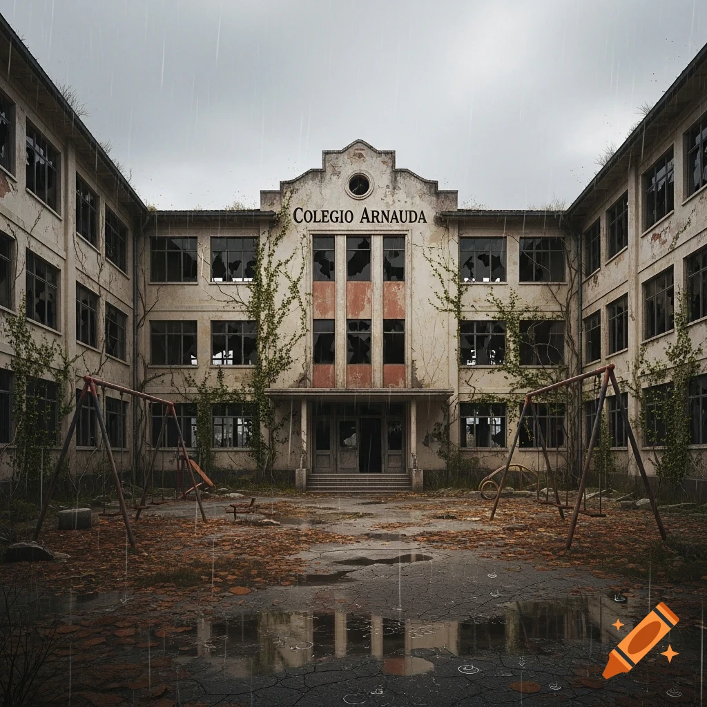 An abandoned, crumbling school building named "Colegio Arnauda" with broken windows, overgrown vines, and a playground, reflected in rain puddles on a cloudy day.