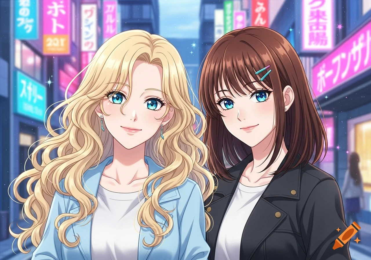 Two smiling anime women, one with long blonde curly hair and the other with short brown hair, stand on a city street at night with neon signs.