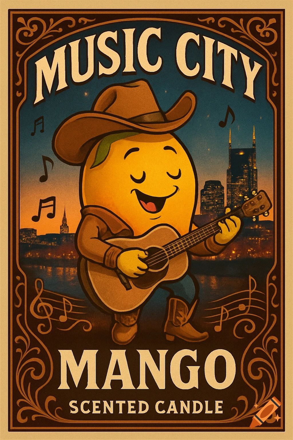 Retro poster of a cartoon mango in a cowboy hat playing guitar against the Nashville skyline, with text 'Music City Mango Scented Candle'.
