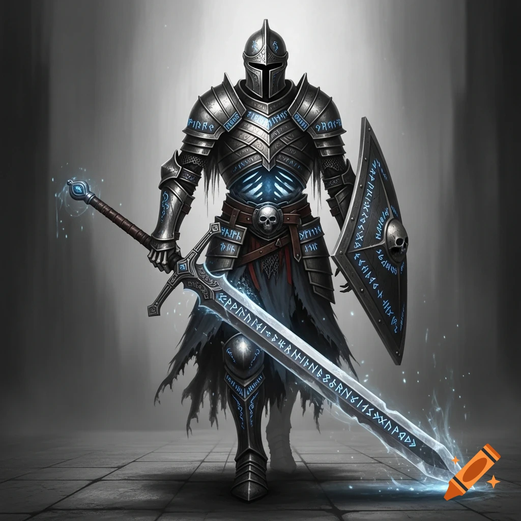 A full-body image of a skeletal warrior in ornate dark armor with glowing blue runes, holding a large sword and shield with similar blue glowing details.