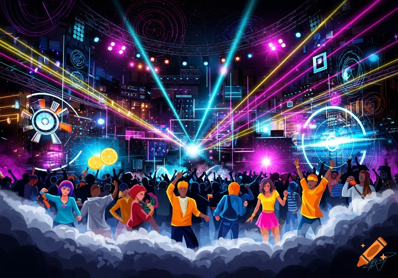 Vibrant digital artwork of a crowded 90s-inspired rave with people dancing amidst bright neon laser lights and fog.