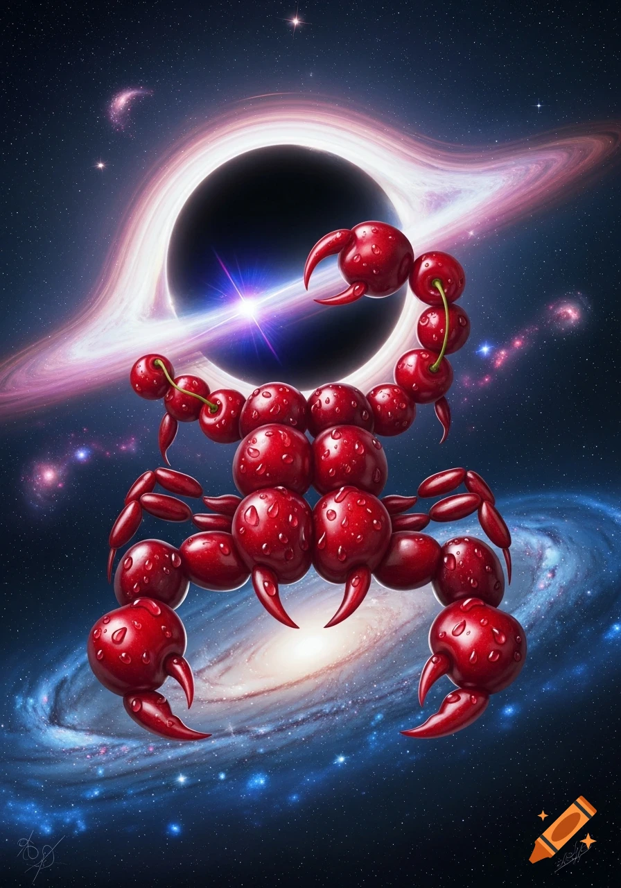 A scorpion made of red cherries with water droplets stands in space before a black hole and swirling galaxy.
