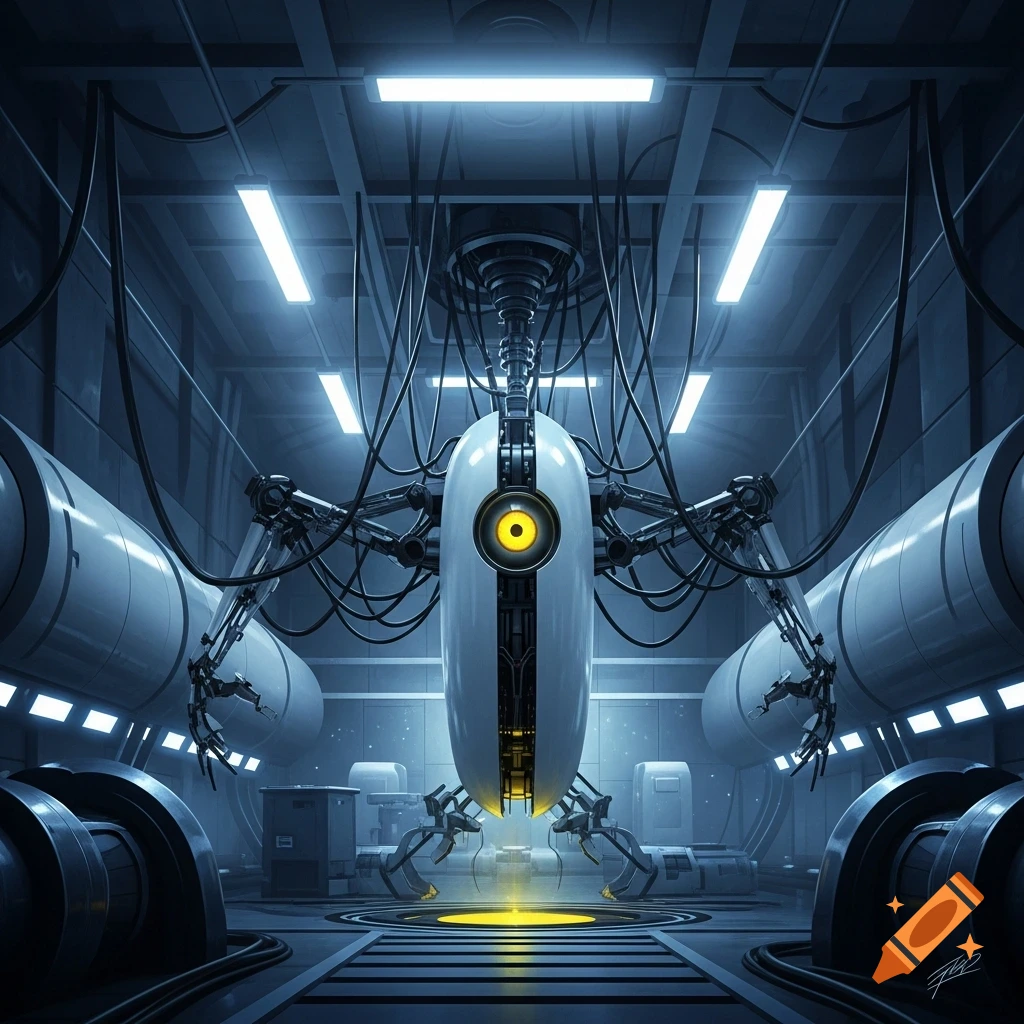 A white, oval-shaped robot with a yellow eye, resembling GLaDOS ...