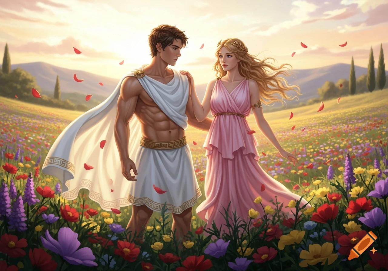 A muscular man in white Greek attire and a woman in a pink Greek dress stand in a colorful flower field at sunset.
