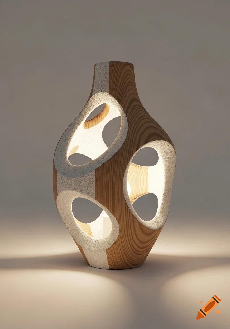 An abstract lantern crafted from wood and textured white material, featuring illuminated, irregular voids against a soft background.