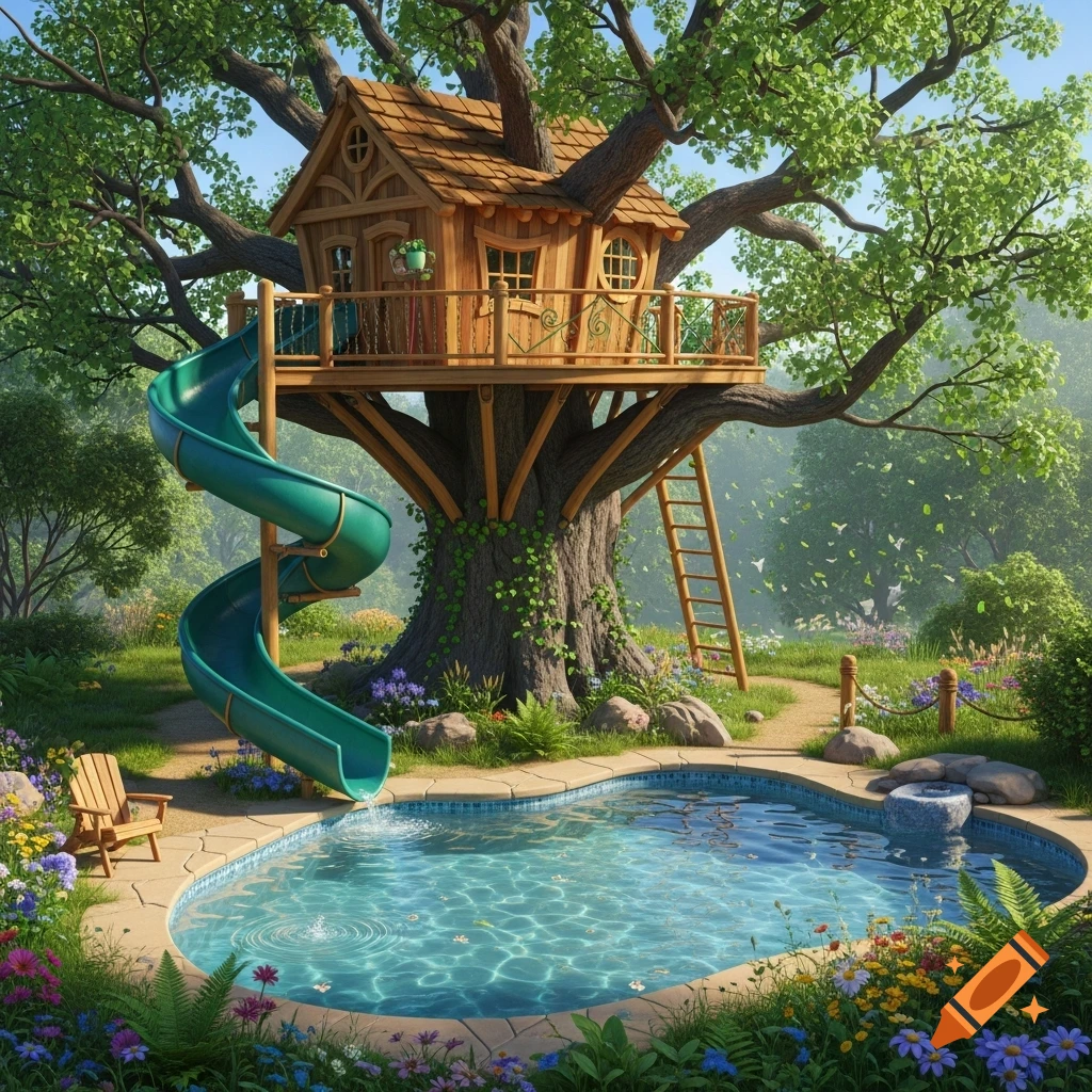 A realistic treehouse with a green slide extending into a clear blue swimming pool, surrounded by lush greenery and wildflowers.