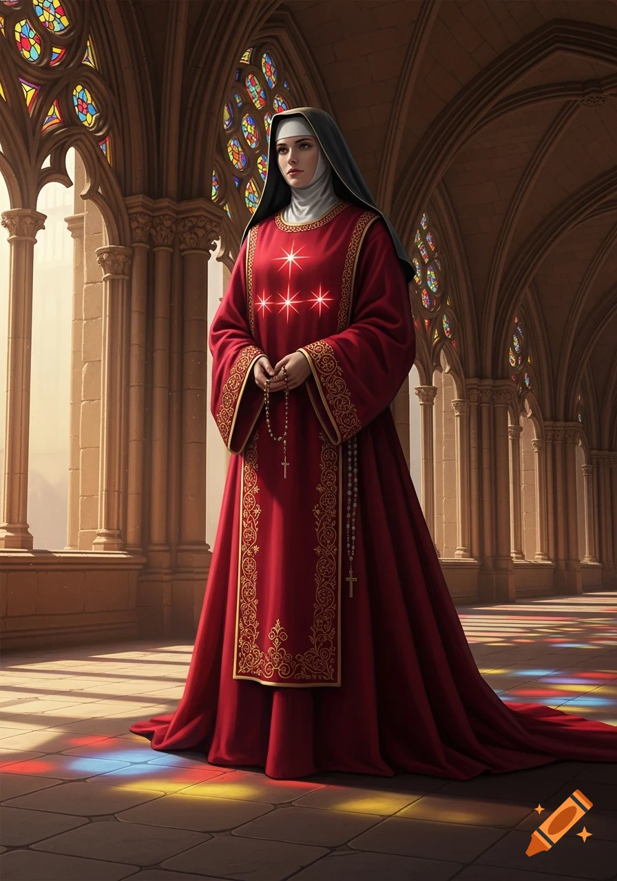 A solemn nun in a red habit with three glowing stars stands in a gothic cathedral with stained glass and light on the floor.