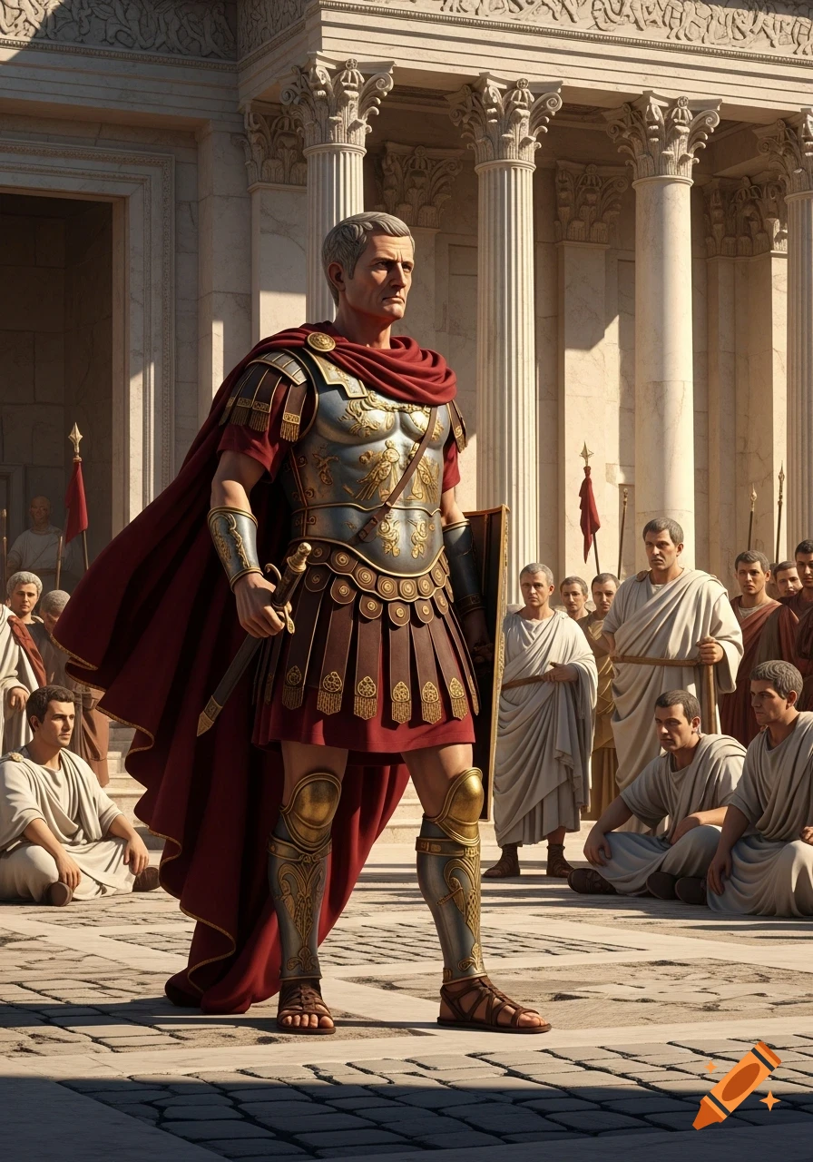 A Roman general in ornate armor and a red cape stands before a classical temple, with men in togas in the background.