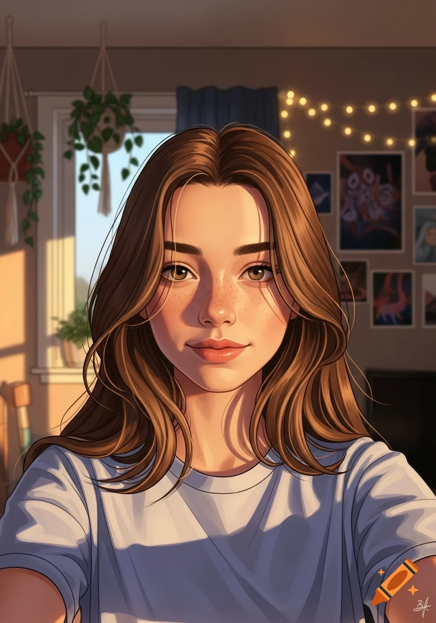 An illustrated teenage girl with long brown hair and freckles smiles, taking a selfie in her sunlit room with plants and string lights.