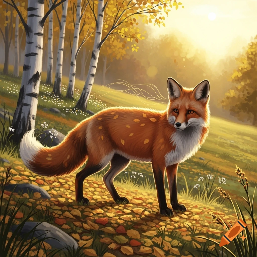 A red fox stands among white birch trees and golden fallen leaves in a sunlit autumn forest, digital art.