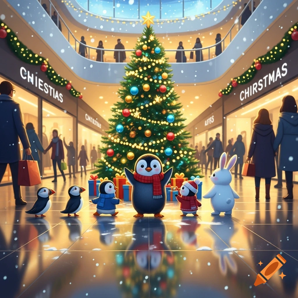 A whimsical scene of cute penguins, puffins, and a bunny admiring a large decorated Christmas tree in a bustling shopping mall with snow falling.