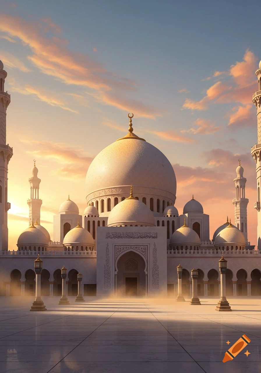 A grand white mosque with golden domes and minarets against a vibrant sunset sky.