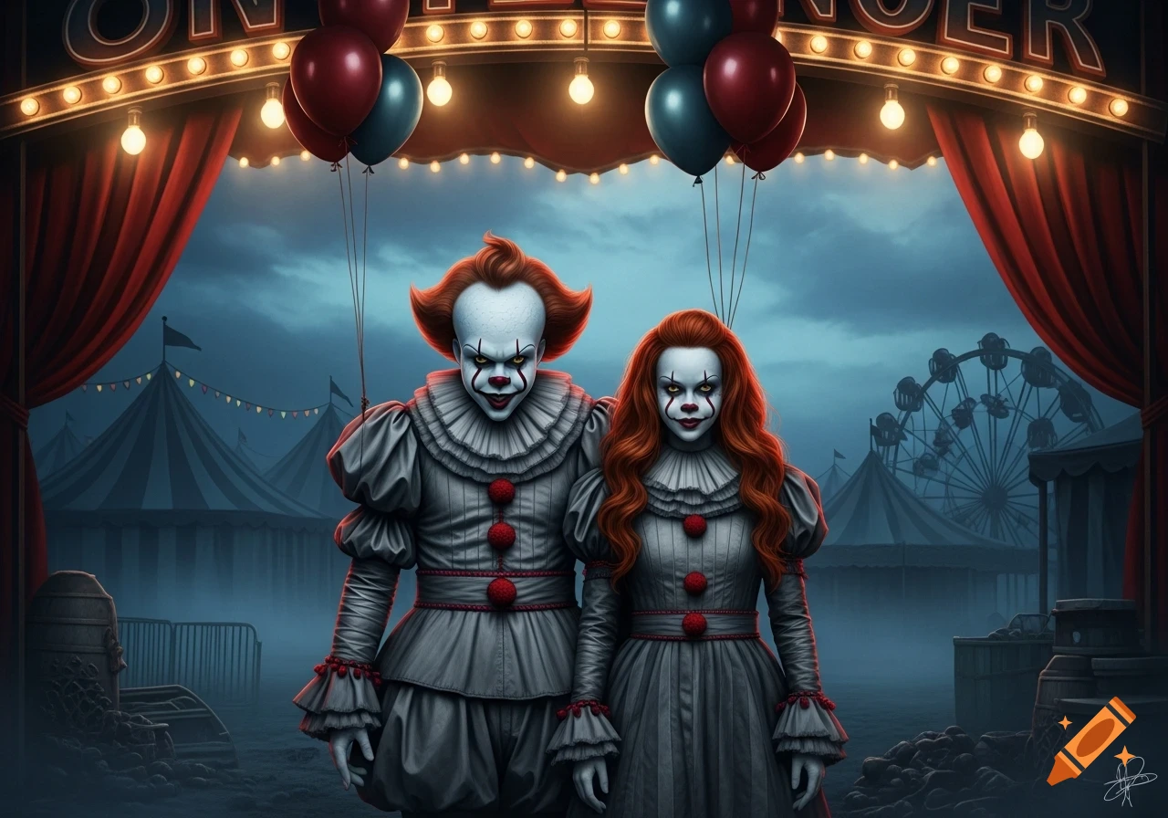 Two scary Pennywise-like clowns, one male and one female, stand beneath a lighted circus entrance in a dark, ominous carnival.