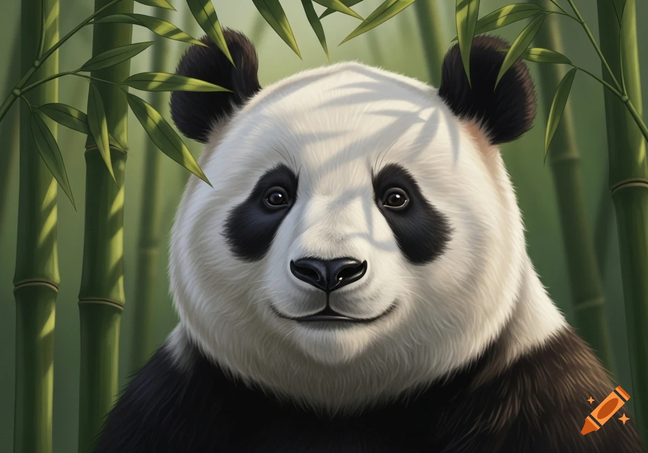 Close-up of a happy panda's face peeking through green bamboo leaves.