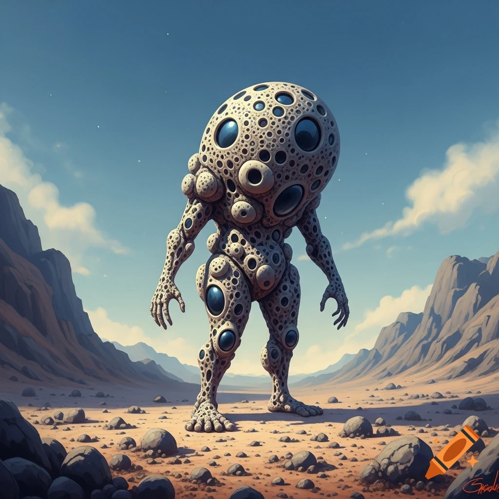 A bulbous, gray alien creature with many holes and blue spheres stands in a desolate desert with mountains under a blue sky.