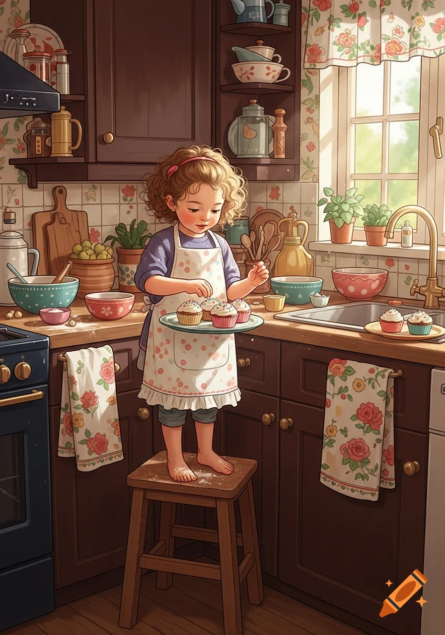 A cartoon-style image of a young girl on a stool in a cozy kitchen, decorating cupcakes on a tray.