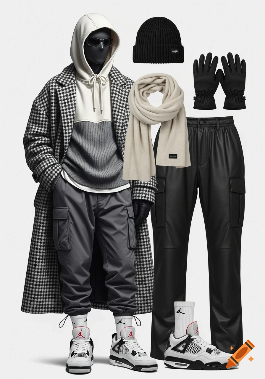 A flat lay of a winter streetwear outfit on a mannequin, featuring a houndstooth coat, grey hoodie, cargo pants, black beanie, beige scarf, black gloves, and white Jordan sneakers.