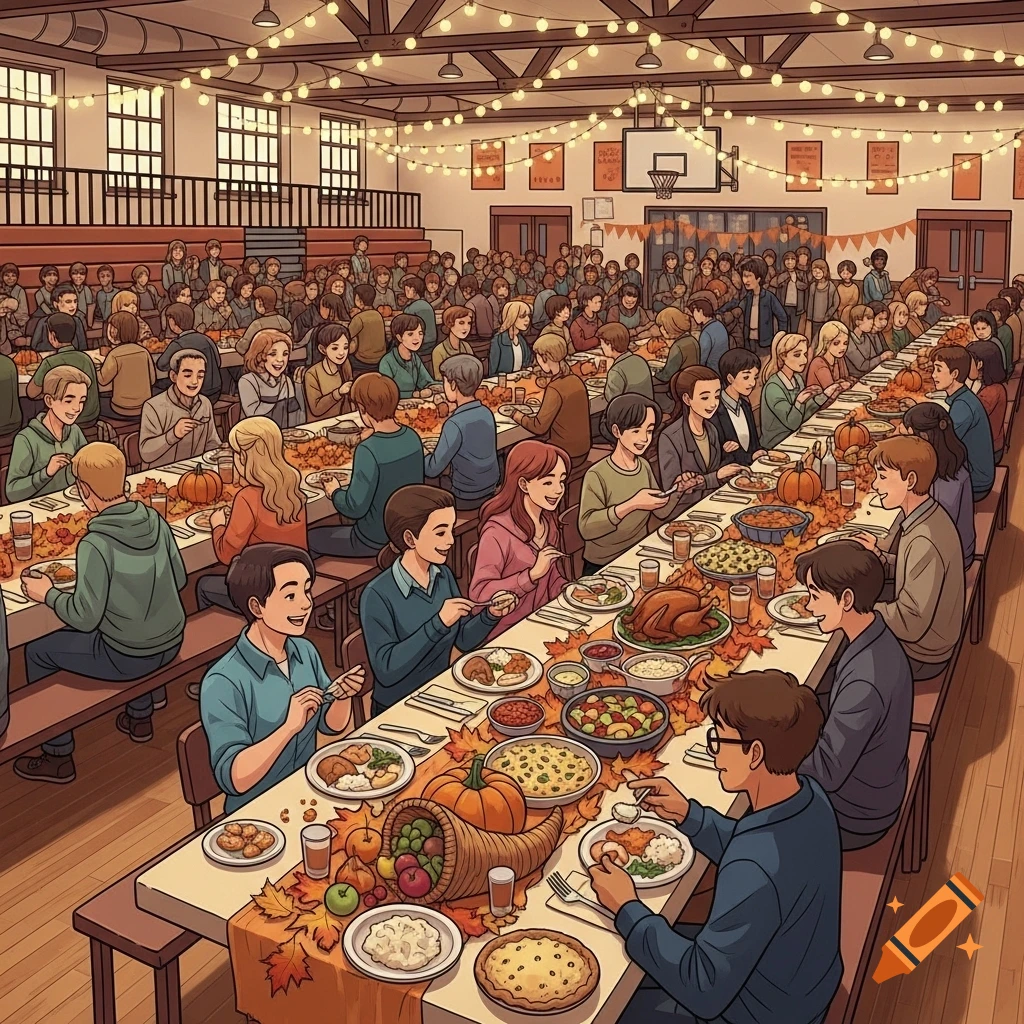 Cartoon image of many students enjoying a Thanksgiving feast at long tables in a school gym decorated with string lights.