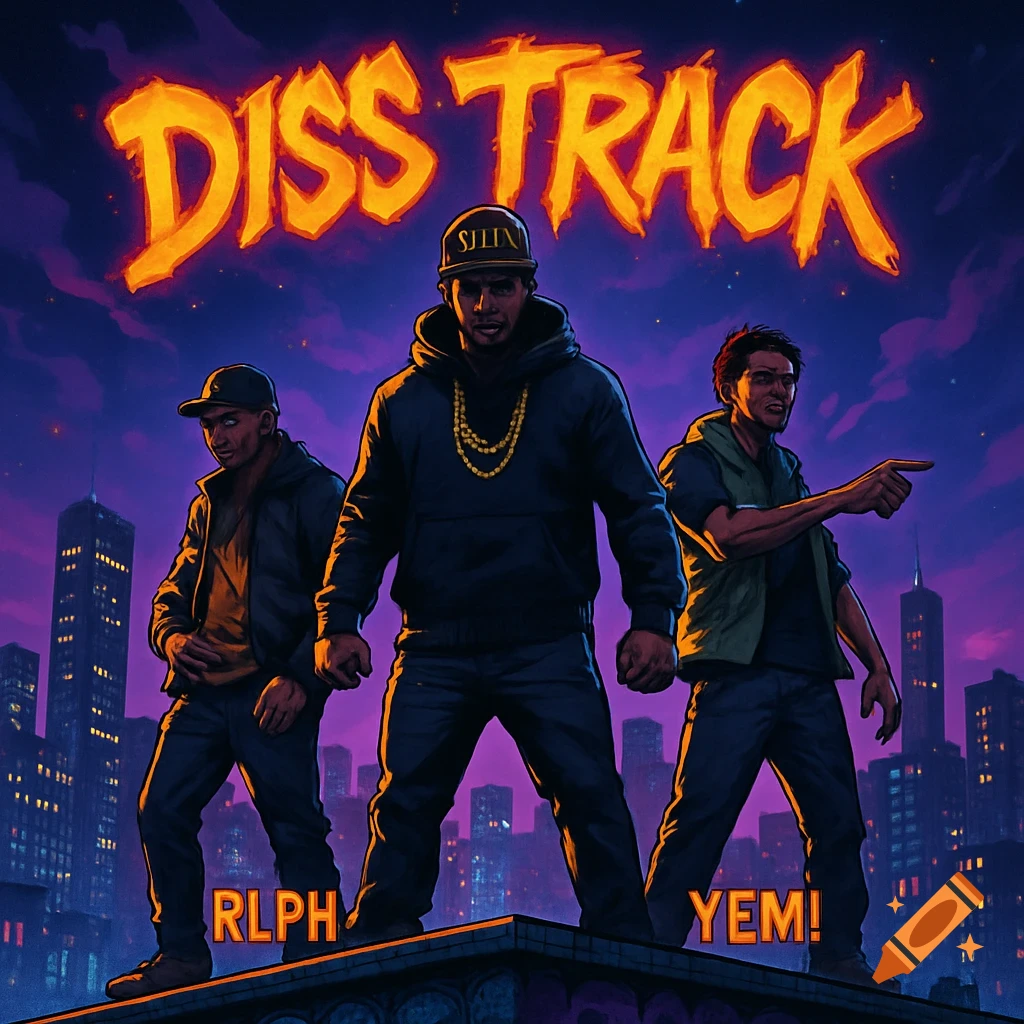 An illustrated album cover for "Diss Track" featuring three male rappers on a city rooftop at night, with one pointing.