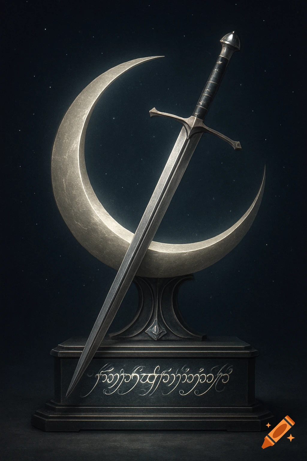 A silver sword leaning against a large crescent moon, set on a dark pedestal with Elvish script, against a starry dark background.