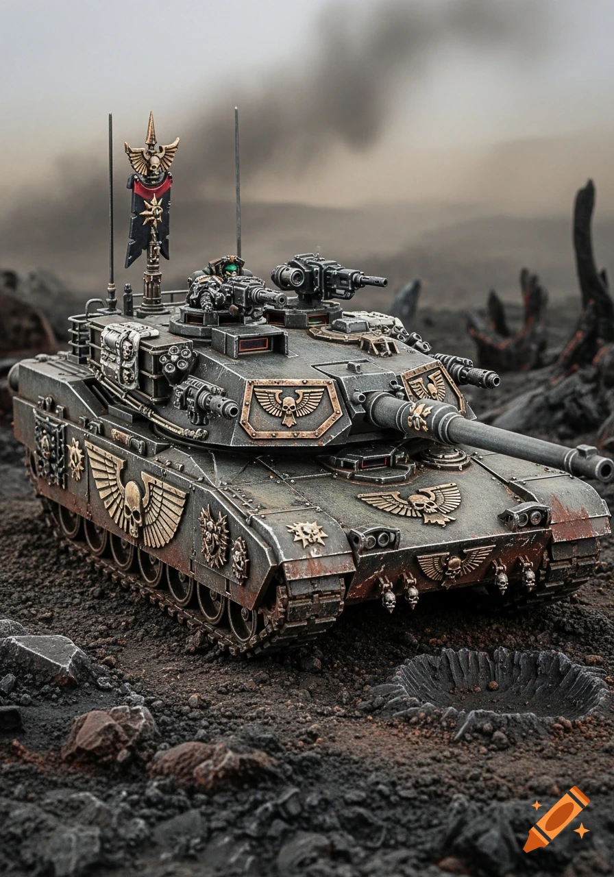 Detailed Warhammer 40k style miniature tank with gold skull-and-wing emblems on a rocky, war-torn battlefield.
