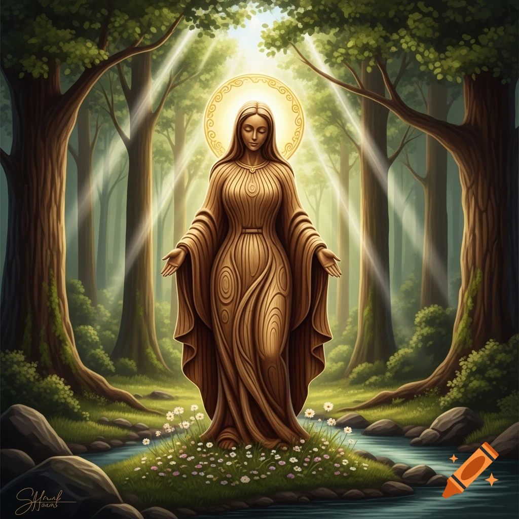 A wooden statue of a serene woman with a halo stands in a lush forest with a stream, wildflowers, and rays of light shining through the trees.