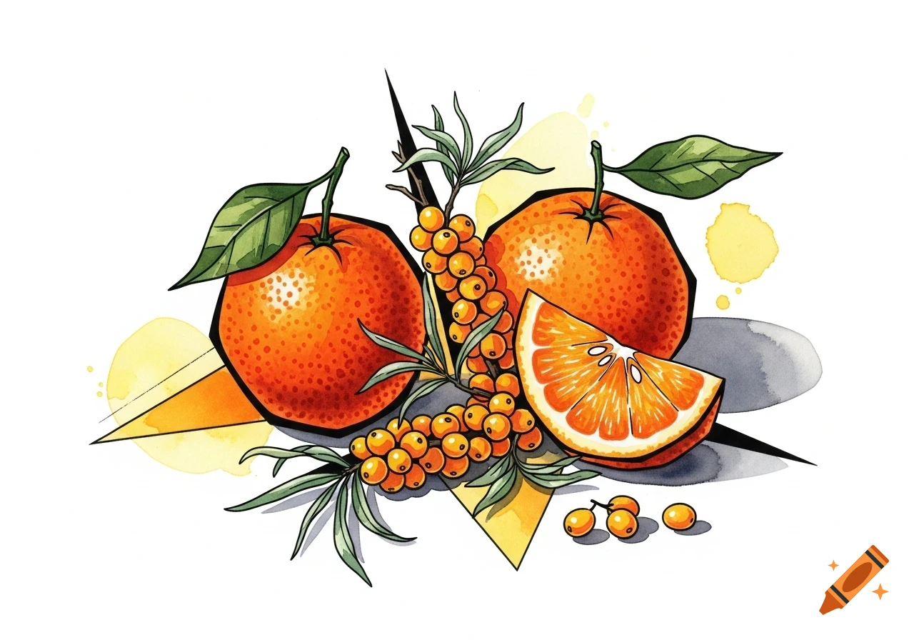 Abstract watercolor and ink drawing of two oranges, an orange slice, and sea buckthorn branches with leaves, against a white background with yellow and gray abstract shapes.