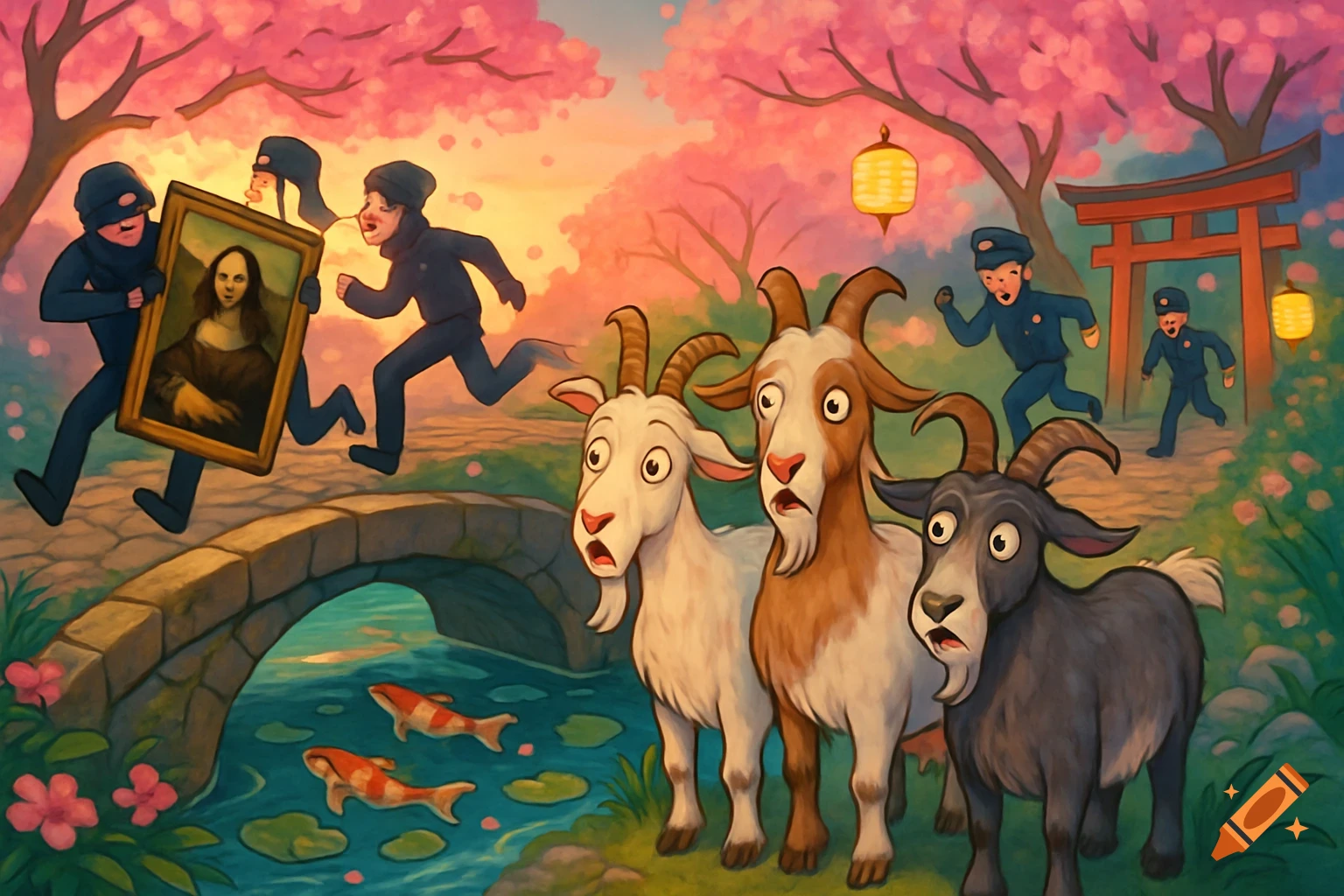 Cartoon of thieves stealing the Mona Lisa, running across a bridge past shocked goats while police chase through a Japanese landscape.