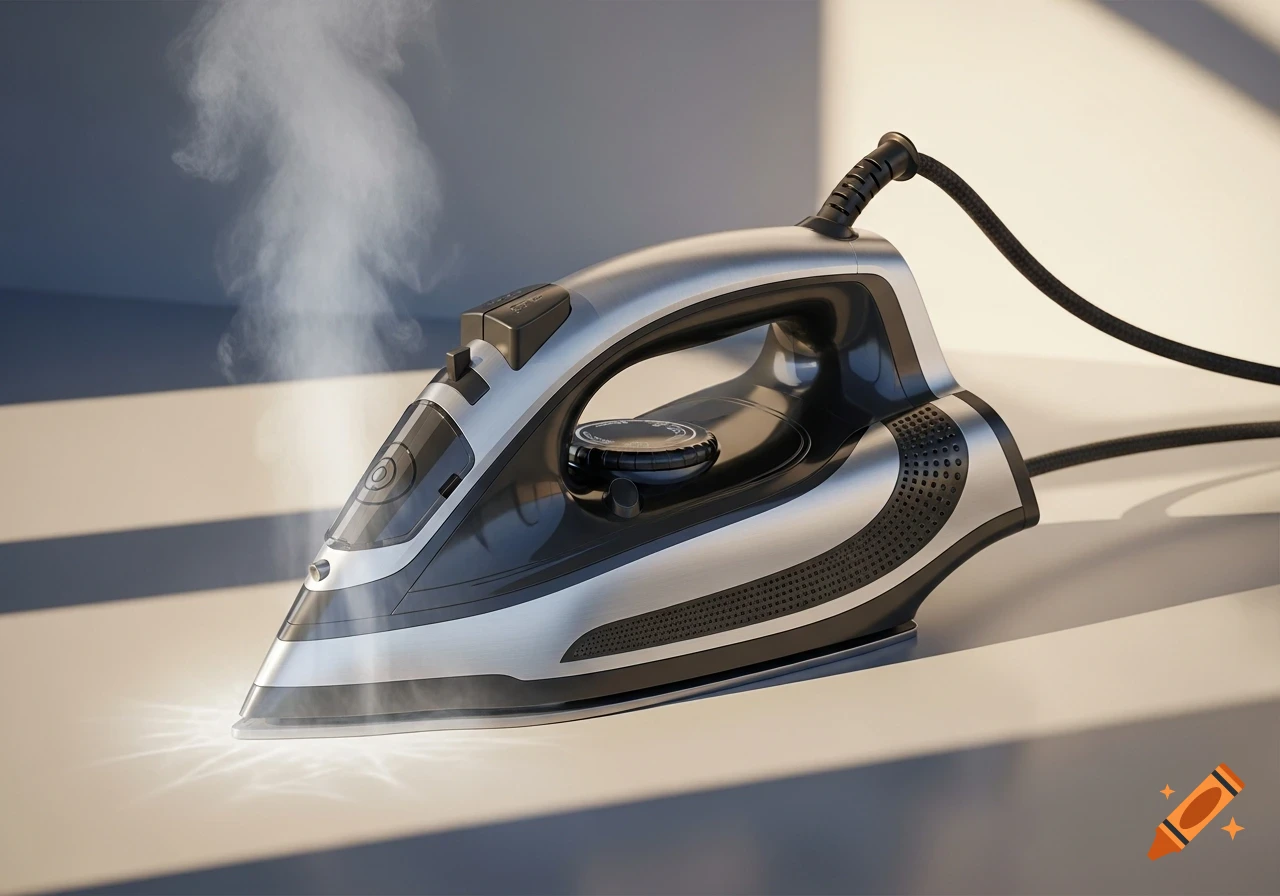 A photorealistic silver and black steam iron, emitting steam, sits on a white surface with strong lighting.
