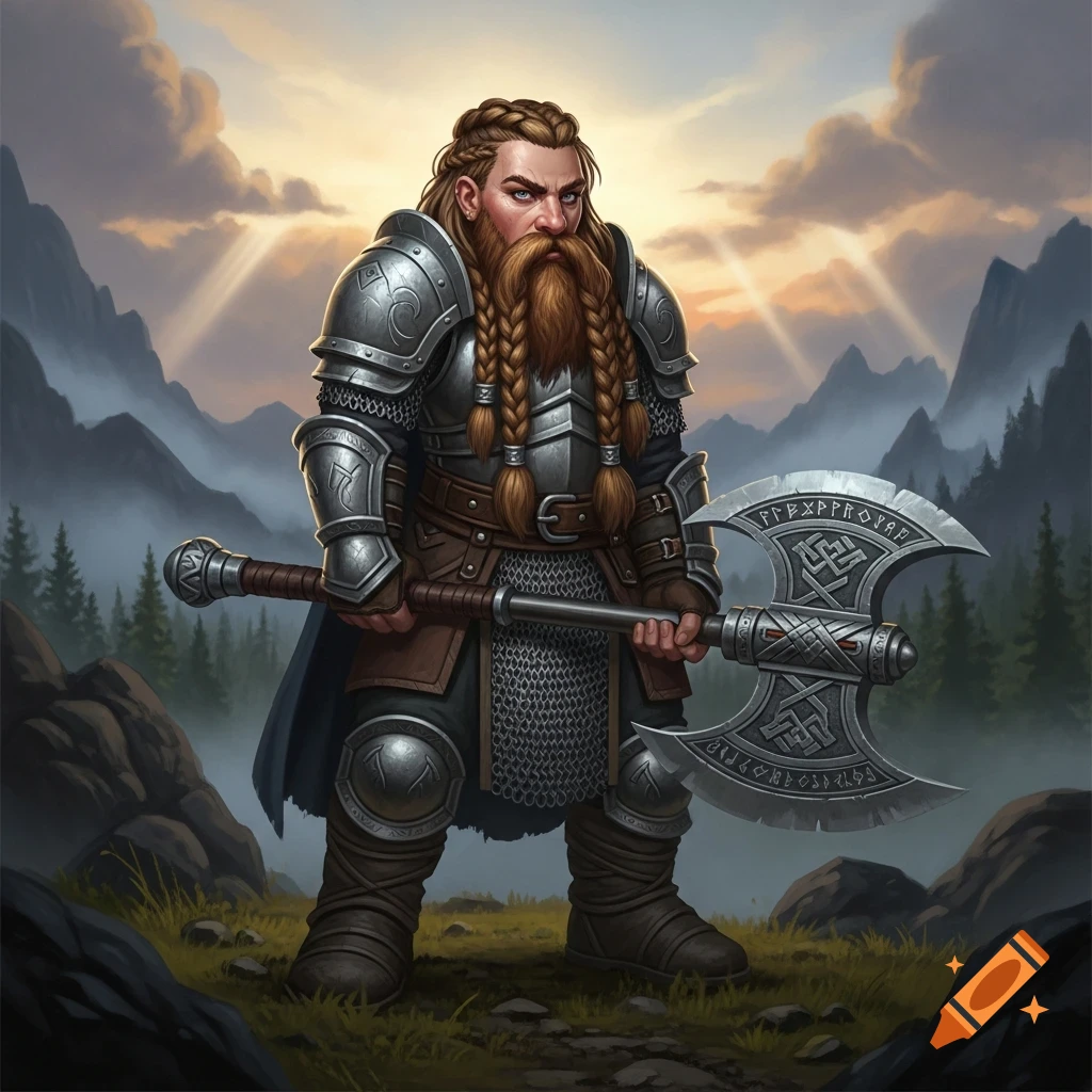 A heavily armored dwarf warrior with a long braided beard stands holding a large, ornate double-bladed axe against a misty mountain background with a dramatic sky.