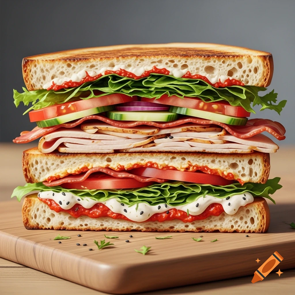 Photorealistic stacked sandwich with turkey, bacon, lettuce, tomato, cucumber, and sauces on a wooden cutting board.