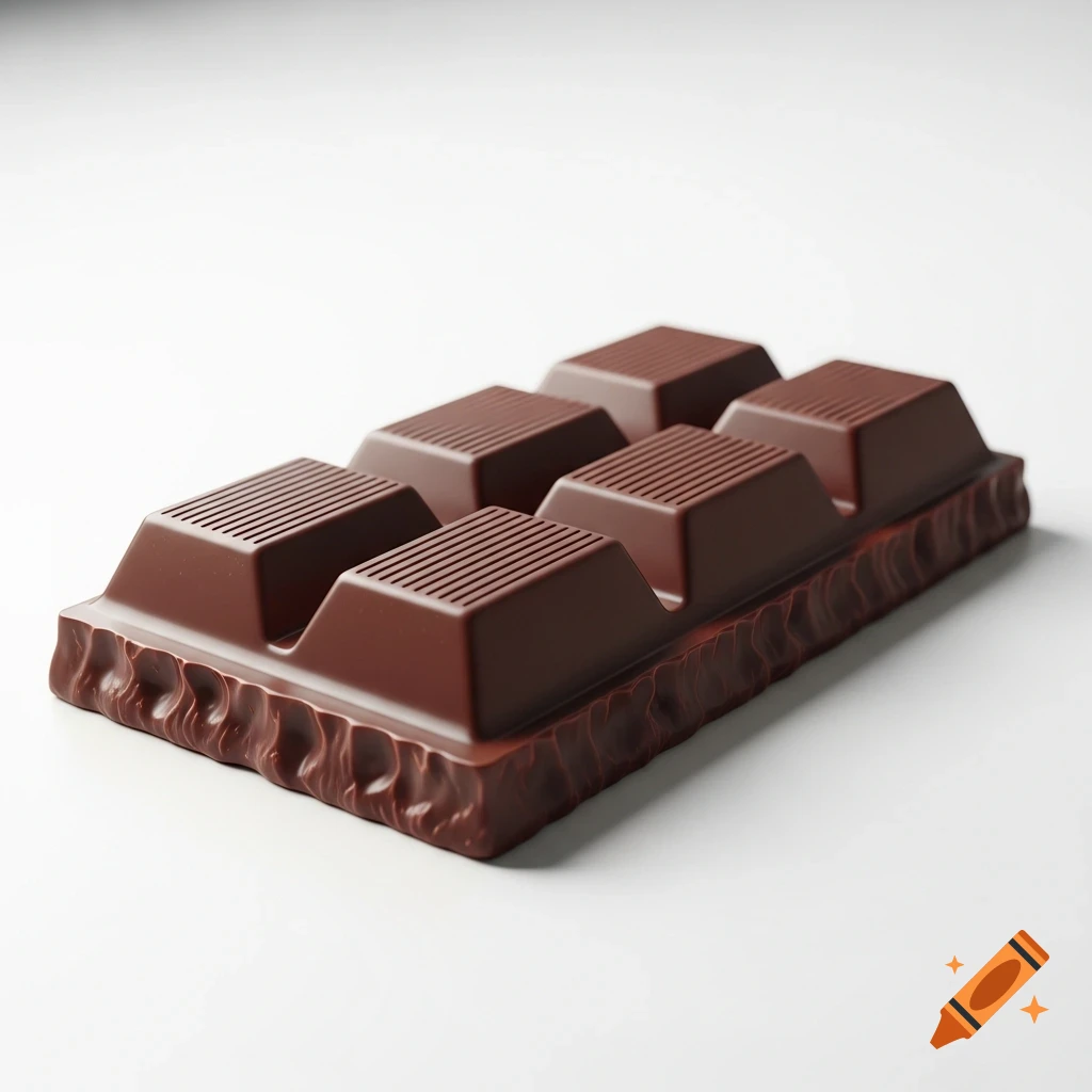 A realistic bar of dark chocolate with six segments, resting on a clean white background.
