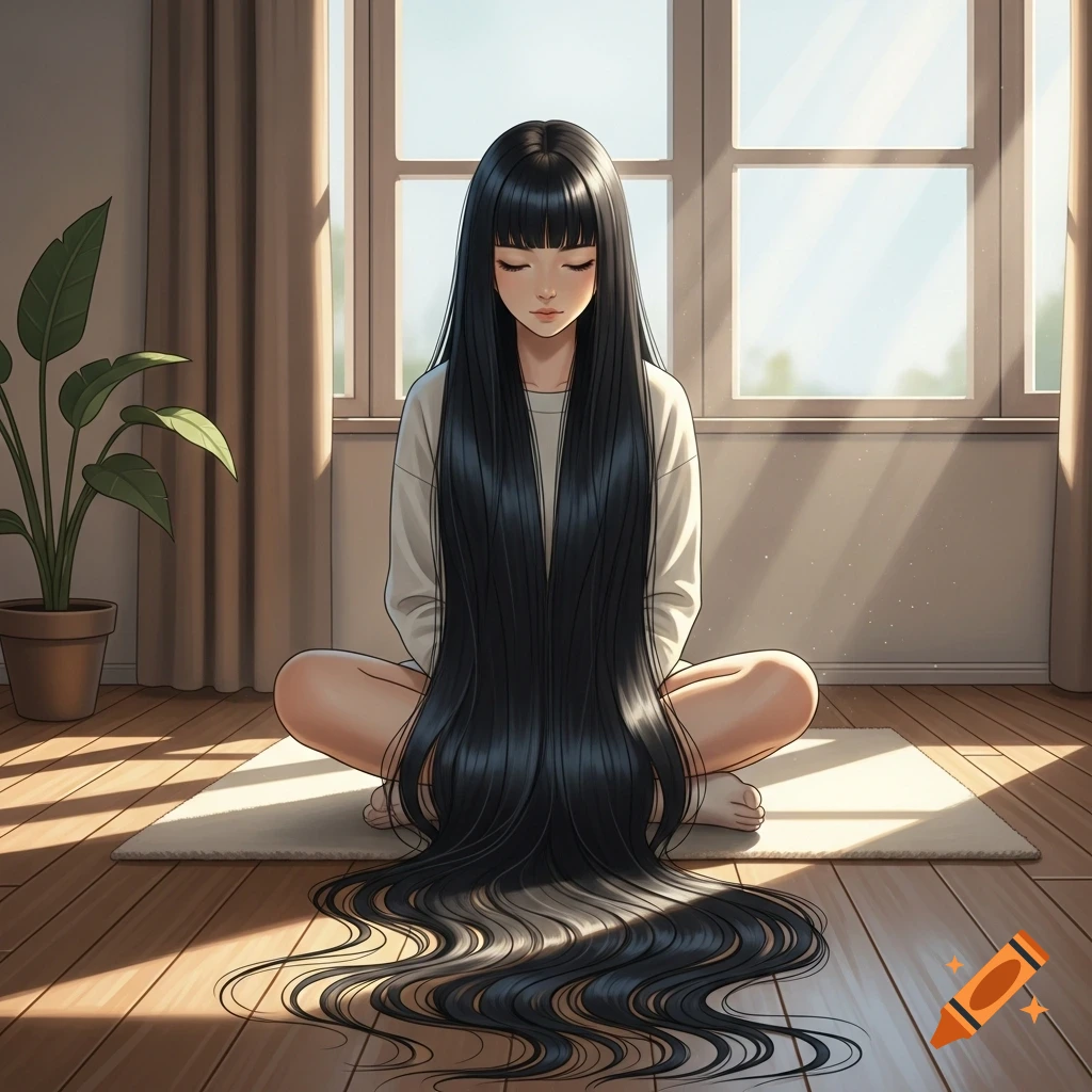 An anime style image of a girl with very long black hair sitting cross-legged in front of a sunlit window.