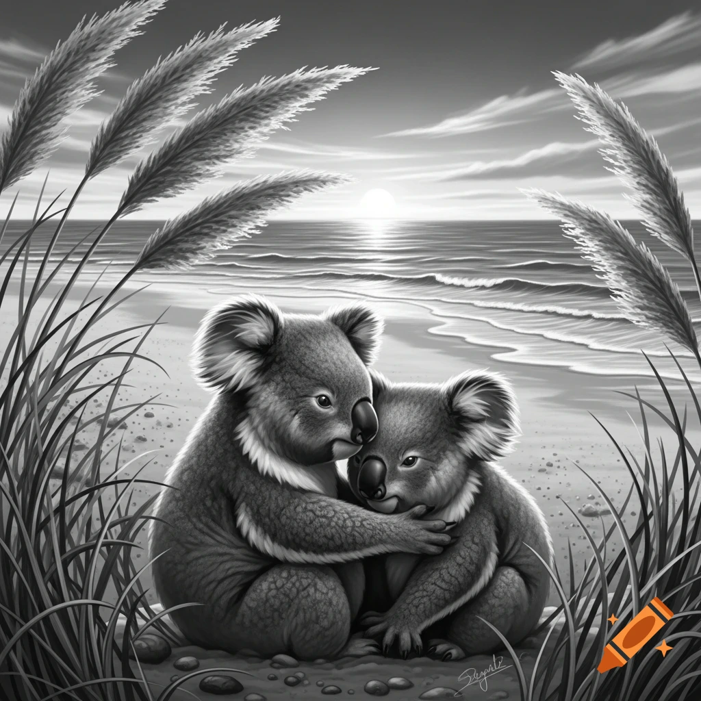 Two koalas embrace on a beach with pampas grass, silhouetted against a sunrise over the ocean in a monochrome illustration.