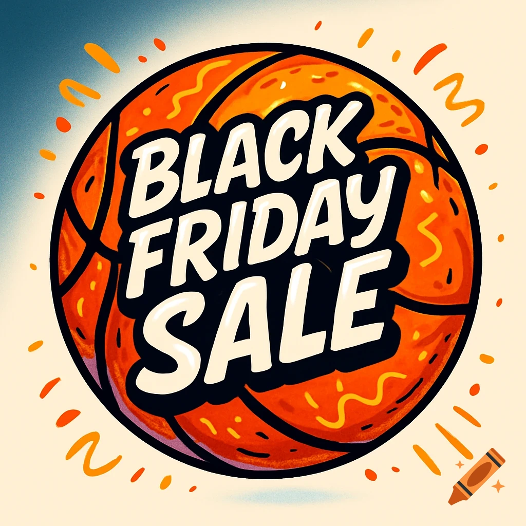 Cartoon basketball with bold 'BLACK FRIDAY SALE' text, glowing with orange accents on a light gradient background.