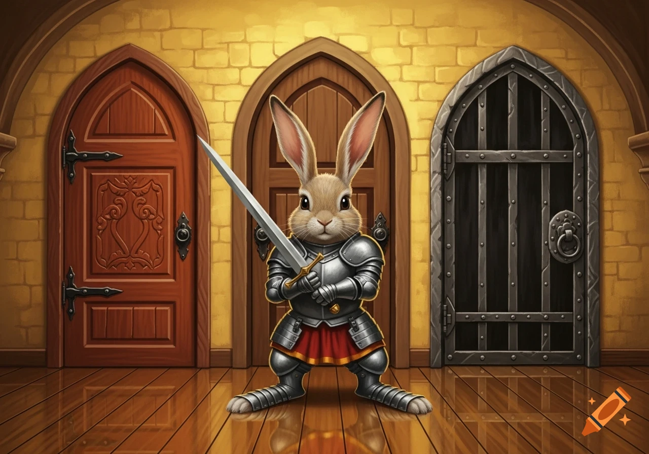 A rabbit knight in silver armor holds a sword, standing before three medieval doors in a yellow brick room.