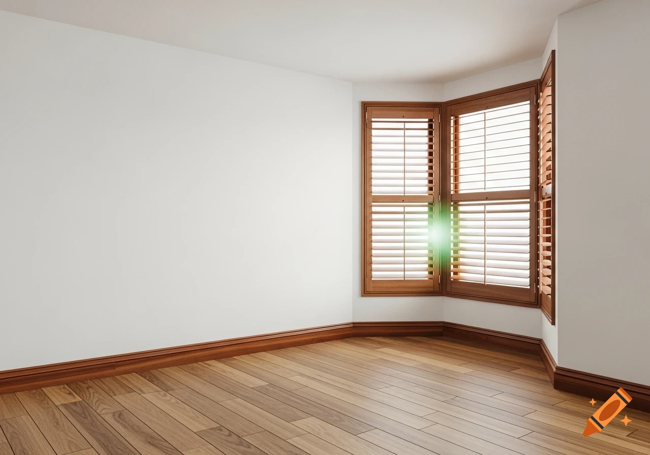 An empty room features white walls, a wooden plank floor, cherry wood baseboards, and a bay window with closed wooden shutters, behind which a green light shimmers.