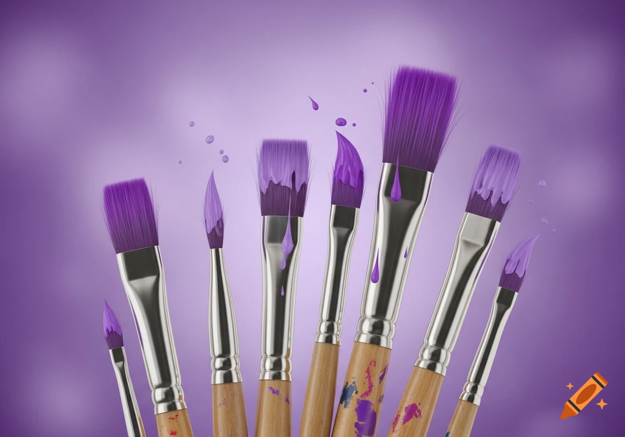 Close-up of various paint brushes with purple paint drips on a gradient purple background.