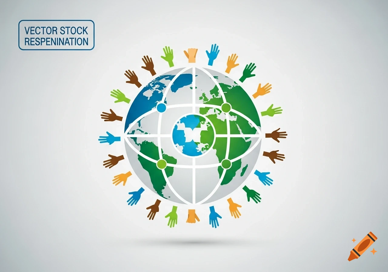 Vector graphic of a globe surrounded by diverse hands in different skin tones, symbolizing global community and unity.