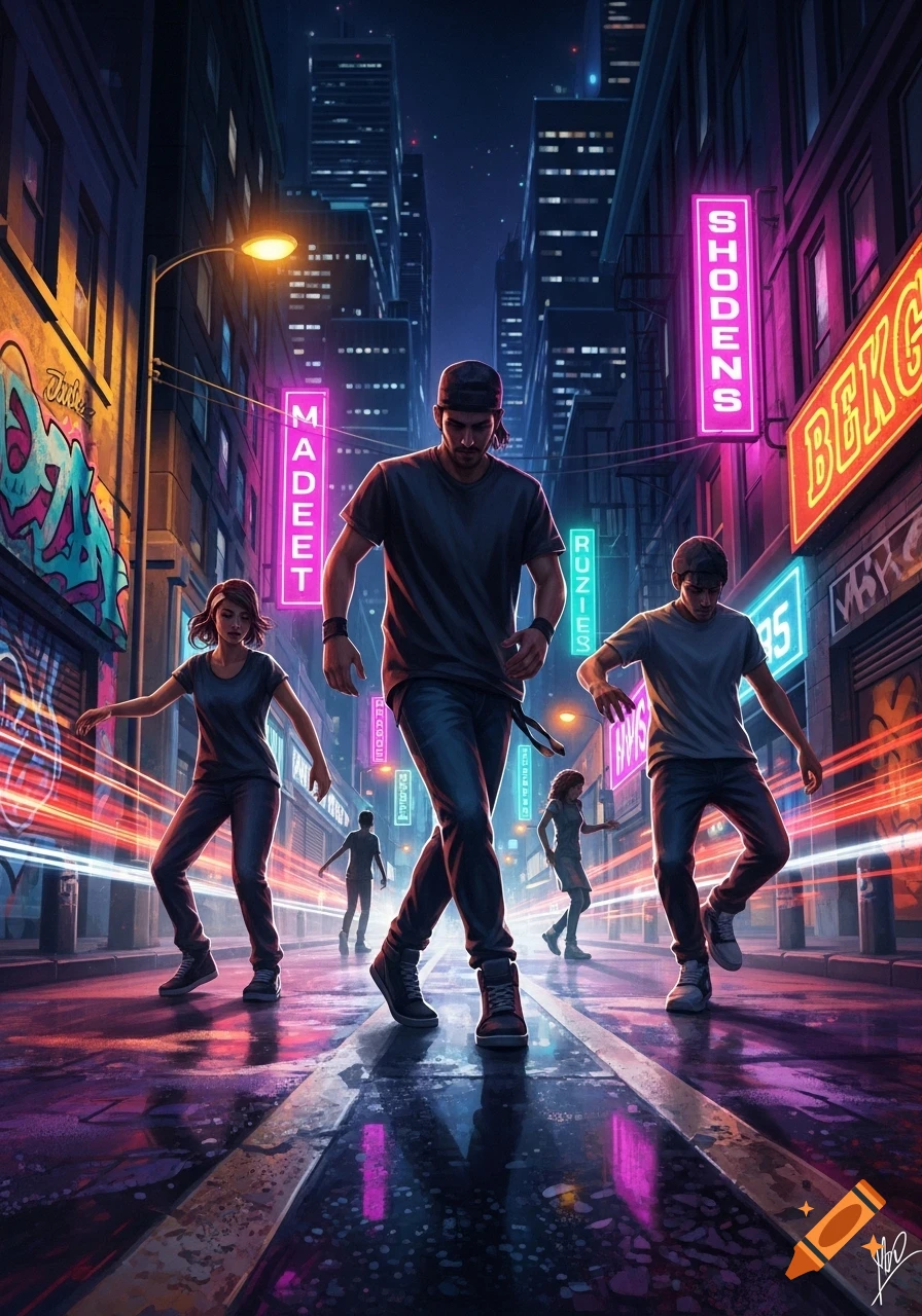 A group of dancers performs on a wet city street at night, illuminated by vibrant neon signs and streaking light trails.