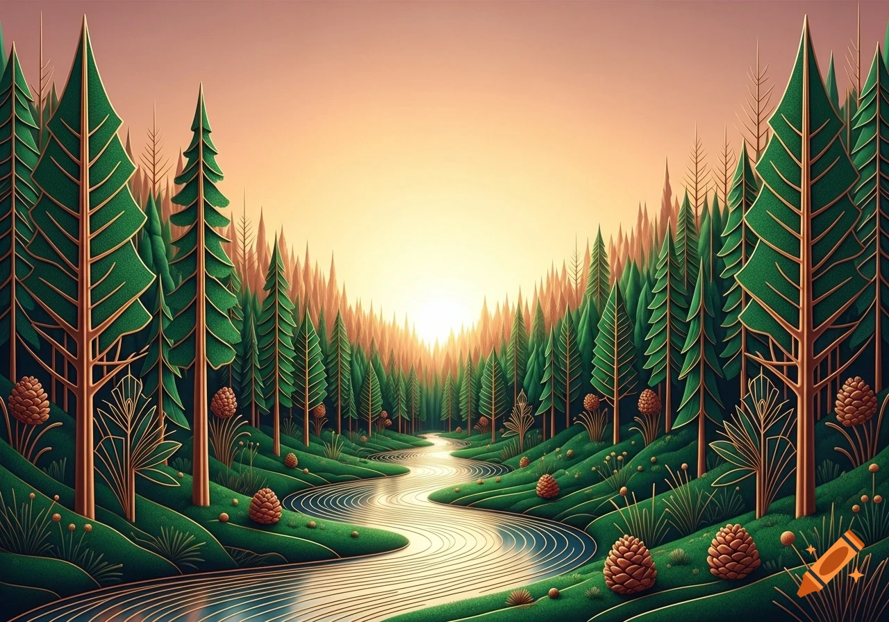 Stylized art deco pine forest with a winding river under a vibrant sunset sky.
