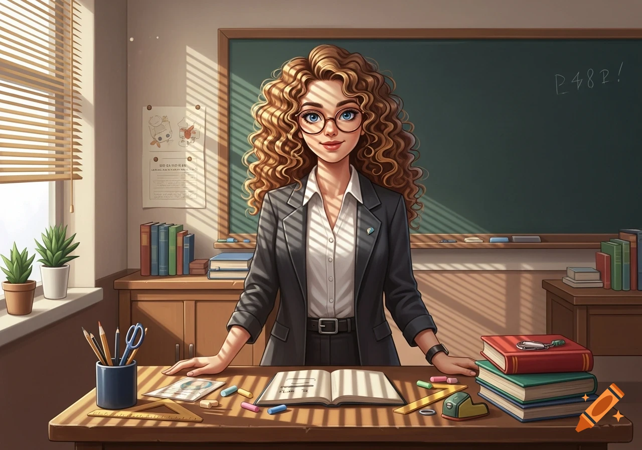 A smiling cartoon girl with curly hair and glasses, dressed as a teacher, stands behind a desk in a classroom.