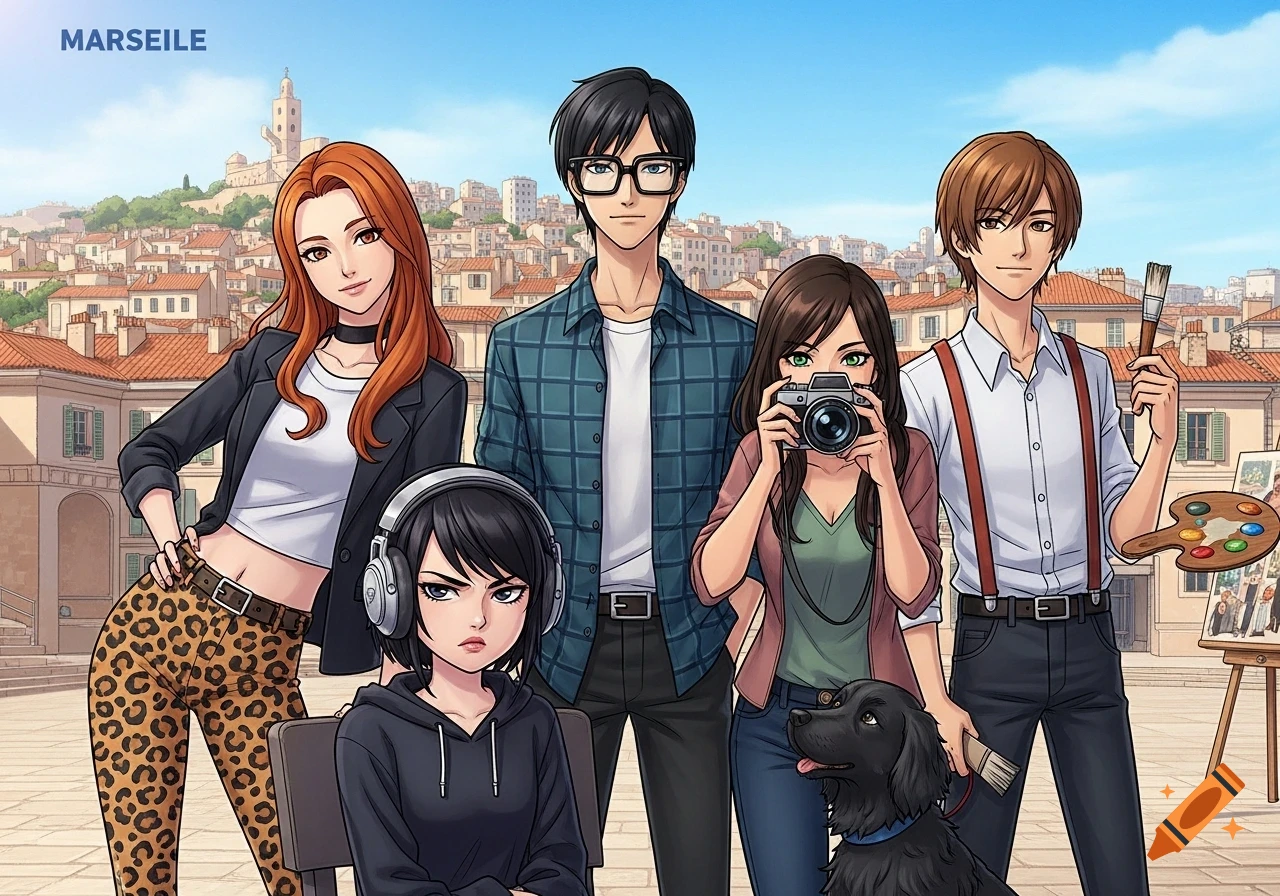 Anime-style group portrait of five friends and a black dog in front of the city of Marseille, with buildings and a church tower.