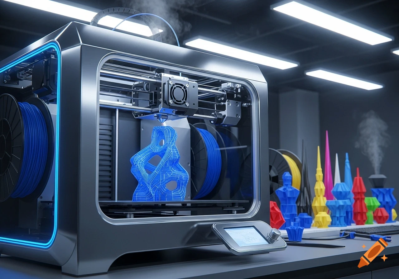 A photorealistic image of a 3D printer manufacturing a blue abstract object, with colorful finished prints and filament spools.
